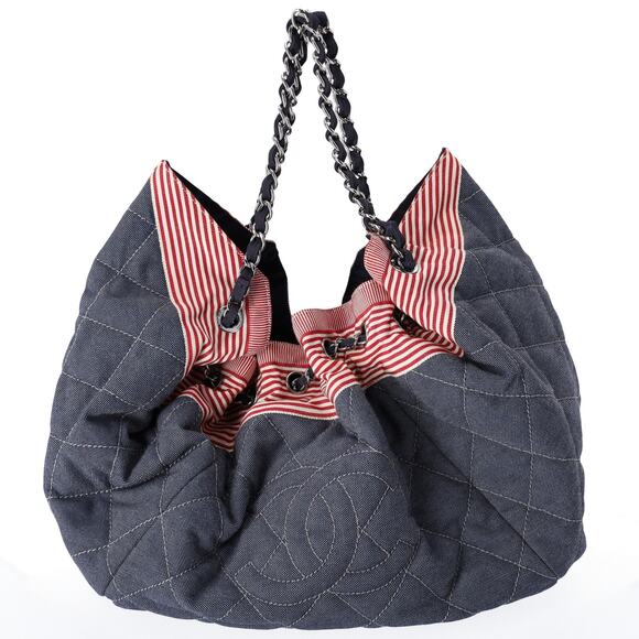CHANEL Coco Cabas GM Hobo Tote A46887 Blue Red Navy Denim - Picture 1 of 8